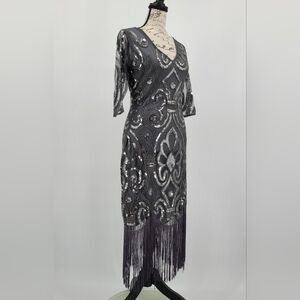 Unique Vintage Silver and Grey Sequin Beaded 1920's Flapper Dress